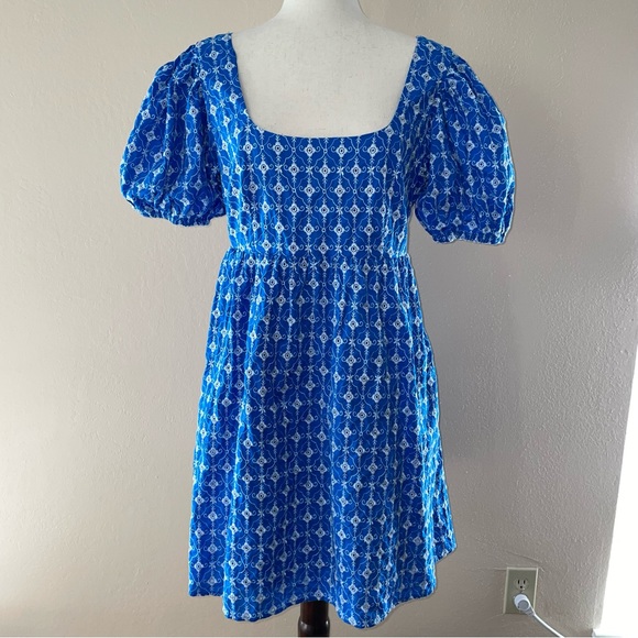 Rhode embroidered eyelet mini dress blue and white pockets size M - Picture 3 of 16